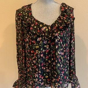 J crew blouse with a floral print and a splash of gold